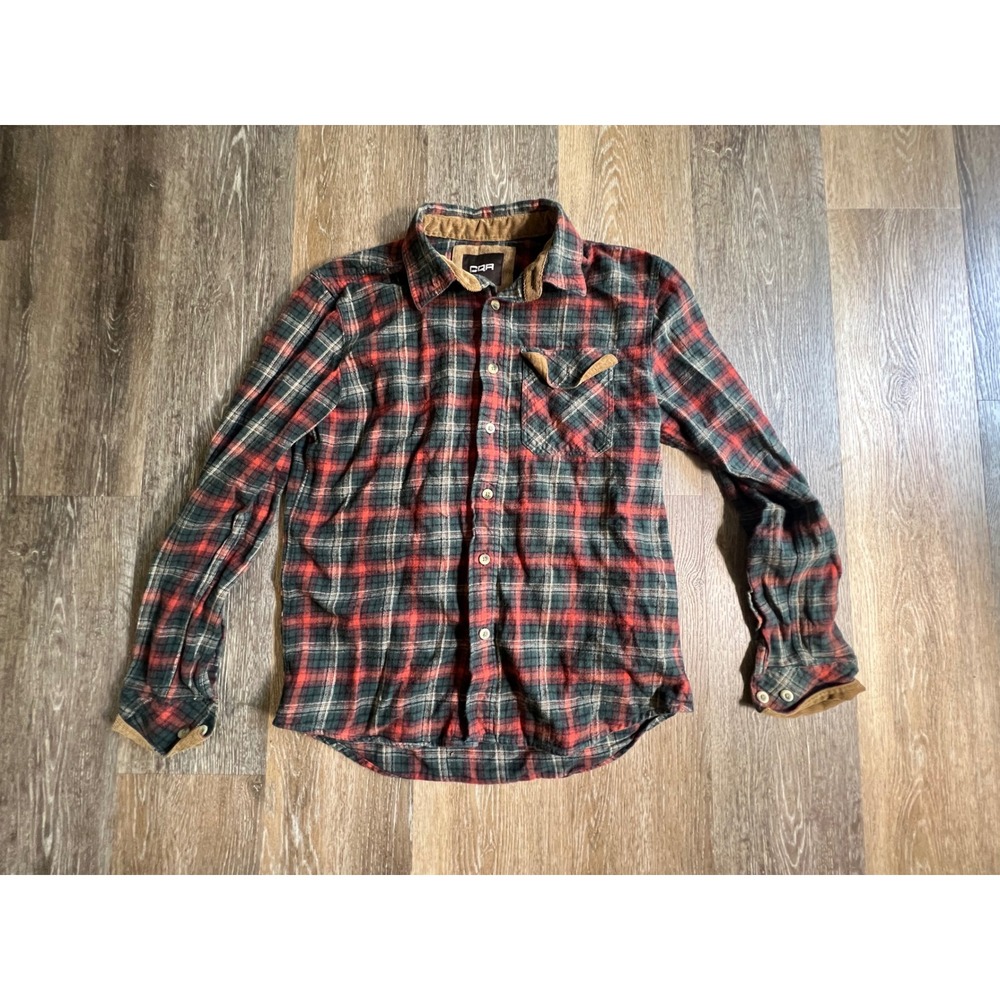 CQR Flannel Shirt Mens Medium Red Green Plaid Corduroy Trim Long Sleeve Button